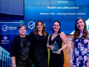 Beatson Clark colleagues receiving their award (left to right): Dawn Pugh, Sales and Marketing Director, Charlotte Pike, Marketing Manager, and HR Manager Diane Bainbridge, with sponsor Jess Mills, Deputy Editor of Glass International.