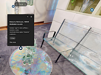 A virtual view of the exhibition Murano: Upcycling Glass is in the Brandolini room of the Murano Glass Museum.